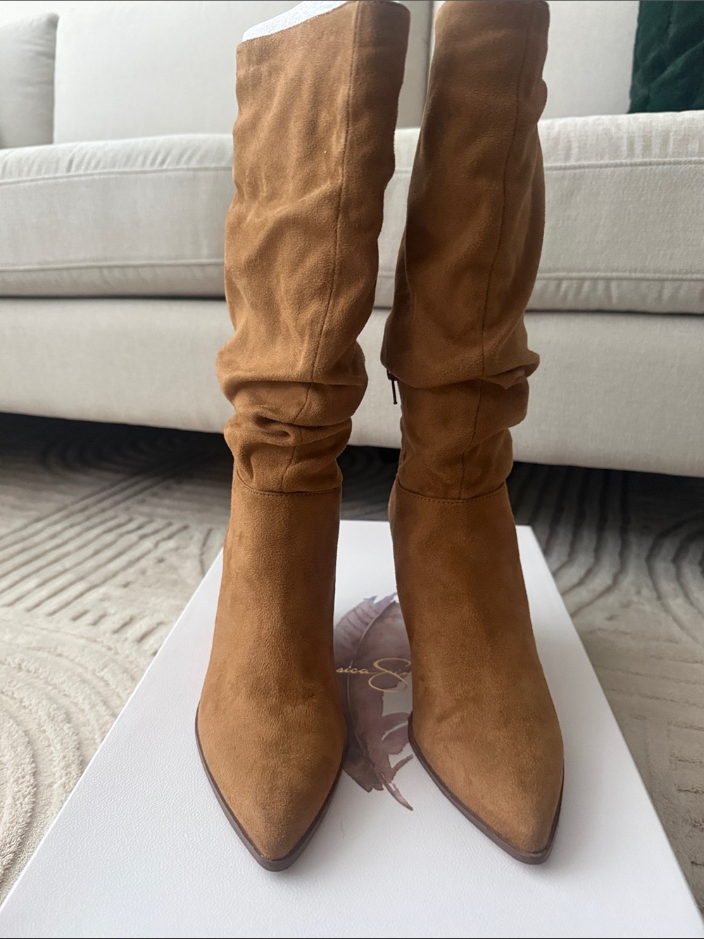 Jessica Simpson Tall Slouch Pointed-Toe Boots in Camel Brown
